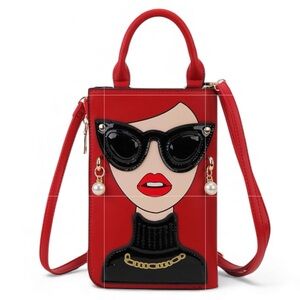 WOMEN FASHION NOVELTY LADY FACE SHOULDER HANDBAG/CLUTCH RETRO RED CHIC GLAM NWOT